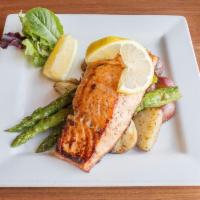 Grilled Salmon Filet · 8 oz. grilled salmon with redskins and asparagus. Gluten free.
