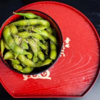 Steamed Edamame · Steamed and tossed in pink Himalayan salt 