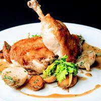 Pan Roasted Chicken (G) · semi boneless half chicken, whipped potatoes, brown butter braised cipollini, tarragon, natu...