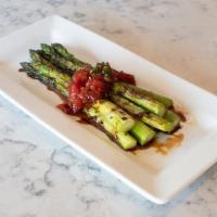 Grilled Asparagus · roasted red pepper relish, balsamic drizzle