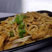 Stir-Fry Udon Noodles · Japanese style noodle, stir-fried with chicken, mixed vegetables and shiitake mushroom in a ...