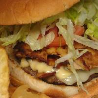 The Farm · Flame-grilled 1/3 lb burger topped with melted Swiss cheese, chicken gyros slices, bacon, le...