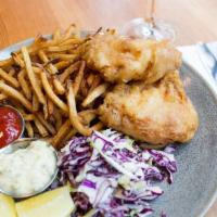 Fish + Chips · cider battered Pacific cod, tartar sauce, lemon, cabbage slaw, fries