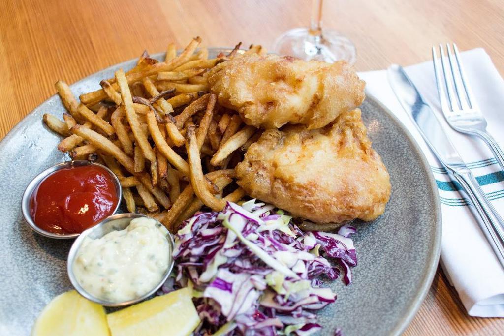 Fish + Chips · cider battered Pacific cod, tartar sauce, lemon, cabbage slaw, fries