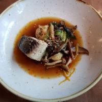 Sablefish · black cod, bok choy, shimeji mushrooms, shrimp sausage, dashi, togarashi