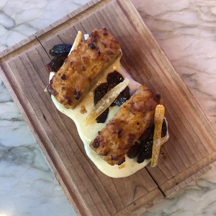 Banana Bread Pudding · candied walnuts, rum caramel, lime curd