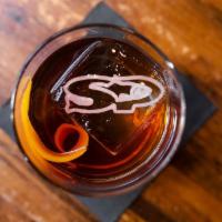 Mixed Messages · Rittenhouse rye, Dolin sweet vermouth, Campari, Kaluha, ice cube