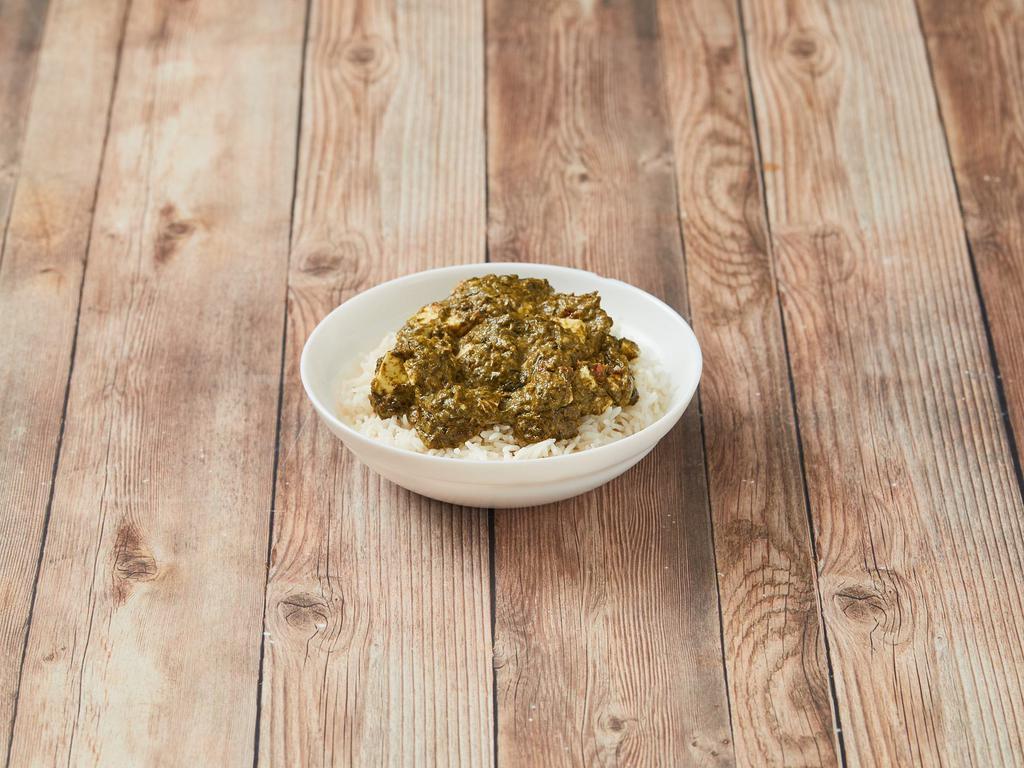 (D) Palak Paneer · Creamed style spinach, homemade Indian cheese and slow cooked home style spice. Served with basmati rice. Mild. Gluten free.