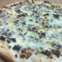Philly Steak Pizza · Loaded with steak, onions, mushrooms, peppers, American and mozzarella cheese. No sauce. Bak...