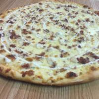 Chicken Bacon and Ranch Pizza · Layered with ranch dressing topped with grilled chicken, bacon, mozzarella and a drizzle of ...