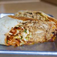 Hawaiian Chicken Burrito  ·  Pulled Chicken, rice, bacon, onion, pineapple chipotle sauce, chihuahua cheddar blend, slaw...