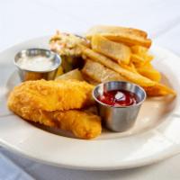 Beer-Battered Fish and Chips · Golden-fried cod with house tartar sauce, coleslaw and lemon pepper and fries