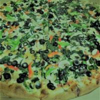 Veggie Deluxe Pizza · Spinach, fresh mushrooms, olives, peppers, onions, mozzarella and tomato sauce.