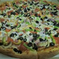 The Works Pizza · Ham, pepperoni, mushrooms, olives, peppers, onions, mozzarella and tomato sauce.