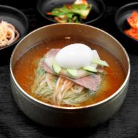 Mul Naengmyeon 물냉면 · Buckwheat noodles in cold broth.