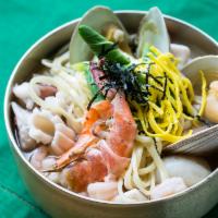 Haemul Kalguksu 해물 칼국수 · Knife-cut noodles in seafood broth.