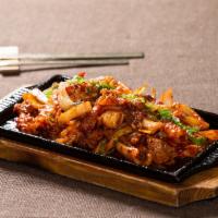 Ohsam Bokkeum 오삼볶음 · Stir-fried pork belly, squid with vegetables in spicy sauce.