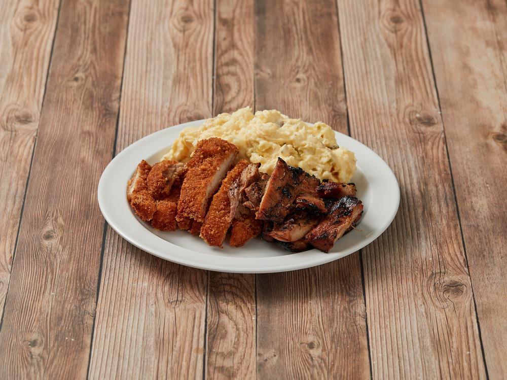 Mix Plate · 2 choices: Kalua pork, BBQ Chicken, Chicken Katsu,  UNAVAILABLE Brisket, UNAVAILABLE Kalbi Ribs.
