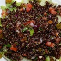 Quinoa Salad · Mix of quinoa, raisins, red onion, tomato, parsley, olive oil, vinegar, lemon juice, salt an...