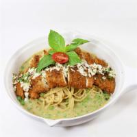 61. Green Curry with Crispy Battered Chicken · Spaghetti with battered chicken, fresh mozzarella cheese, fresh basil leaves, green peas and...