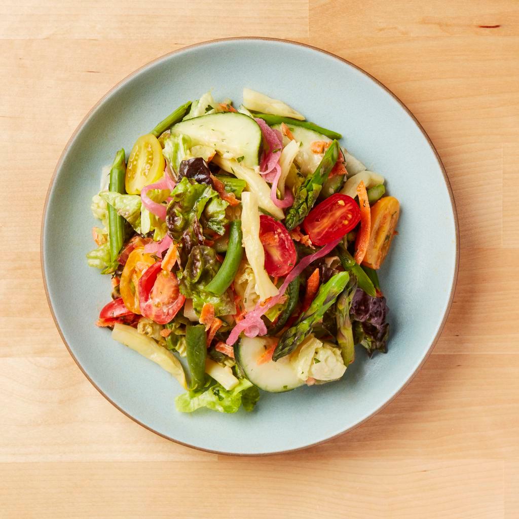 Dear Summer Salad · Cherry Tomatoes, Green Beans, Asparagus, Cucumber, Carrots, Almonds, & Red Lettuce with Green Goddess Dressing *Contains Dairy