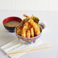 Shrimp Tempura Bowl · 4 shrimps, kakiage (mixed seafood tempura), pumpkin, seaweed, shishito pepper, half boiled e...