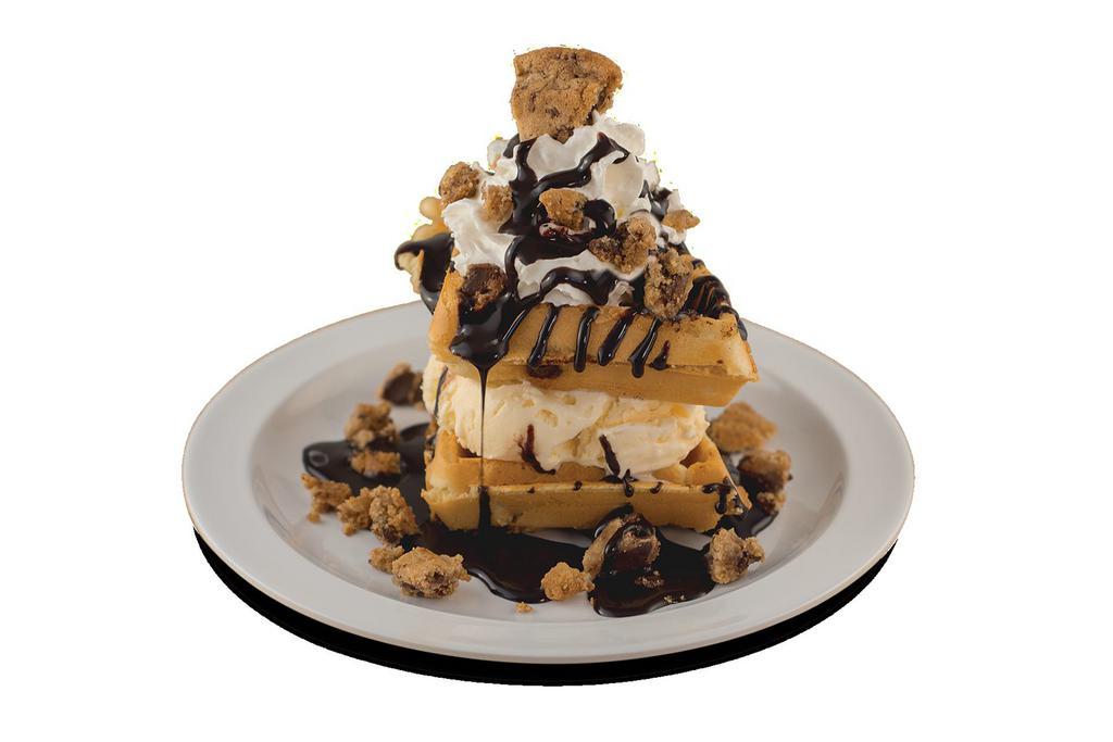Christie Cookie Waffle · Cookie-stuffed waffle and vanilla ice cream, topped with whipped cream and chocolate sauce.