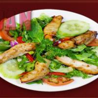 17. Grilled Chicken Salad · Tender glazed grilled chicken, served with fresh house salad and choice of dressing.