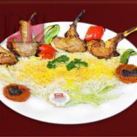 103. Lamb Chop · Baby spring lamb chops marinated and grilled with premium basmati rice topped with saffron.