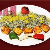 40. Fresh Salmon Kabob · Skewer of marinated fresh fillet salmon, grilled with basmati rice topped with saffron.