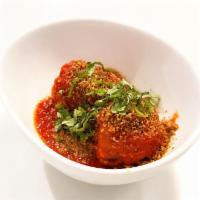Meatless Balls · Two (2) meatless balls served with pomodoro sauce, parm crumble & basil GF