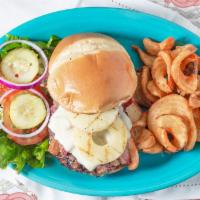 Hula Hut Burger · A fresh half-pound beef burger, char-grilled and served on a toasted freshly baked bun with ...