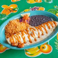 Shrimp Pipeline Enchilada · Sauteed shrimp, pico de gallo ＆ Monterey jack cheese rolled in fresh corn tortillas topped w...