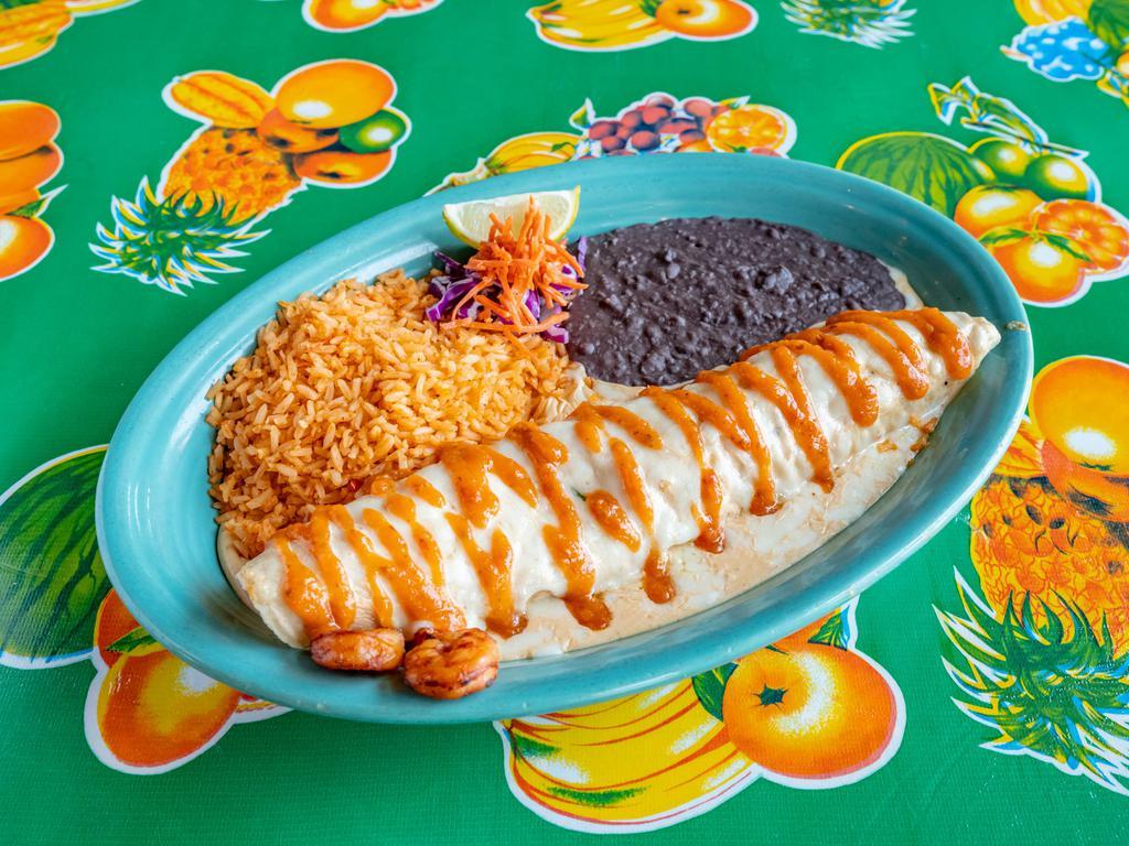 Shrimp Pipeline Enchilada · Sauteed shrimp, pico de gallo ＆ Monterey jack cheese rolled in fresh corn tortillas topped with queso blanco sauce, served with rice ＆ refried beans with a salsa roja drizzle.