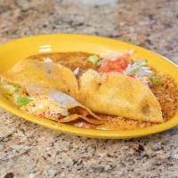 Crispy Taco Platter · 3 tacos deep fried and filled with your choice of seasoned chicken or shredded beef, diced t...