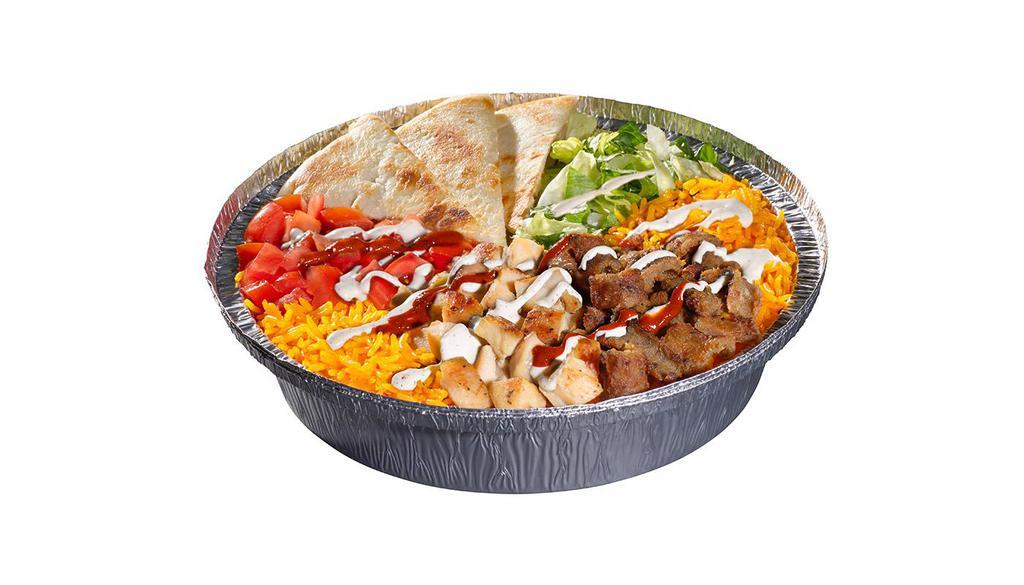 Chicken & Beef Gyro Combo Platter · Our world-famous platters start with salad lettuce, rice, and your choice of protein (chicken, beef gyro, falafel or combo (chicken and beef gyro). Select your choice of toppings and add our famous white and hot sauce. (Regular platters come with two packets of white sauce and one packet of hot sauce. Small platters come with one packet of white sauce and one packet of hot sauce).