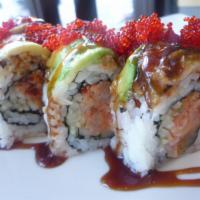 Crazy Roll · Spicy crunch yellow tail and cucumber inside, topped with eel, avocado and caviar. Made with...