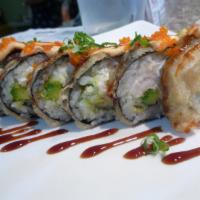 New Volcano Roll · White tuna, crab and avocado inside, fried with eel sauce, spicy mayo, sriacha sauce and mas...