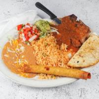 Pancho Loco · 1 pork chop, 1 quesadilla (beef or chicken), 1 flauta (beef or chicken) served with rice, be...