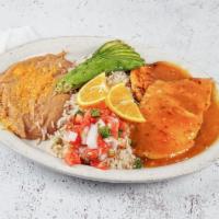 Pollo Mango Habanero · A chicken breast in mango habanero sauce, served with white rice, salad, pico de gallo and g...