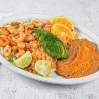 Camarones al Mojo de Ajo · Shrimp cooked in garlic sauce, served with rice and beans.