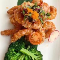 Miso LemonGrass Shrimp · Tempura tiger shrimp or grouper fish, dressed in miso lemongrass creamy sauce, served with s...