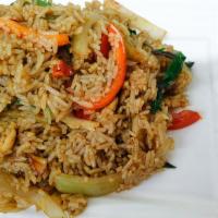 Basil Fried Rice · Jasmine rice pan fried with choice of meat, garlic, chili, yellow onion, bell pepper and bas...