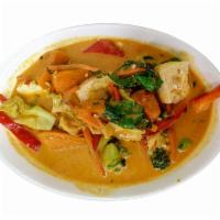 Pumpkin Curry · Choice of meat, pumpkin, bell pepper and basil in red curry sauce and without rice.