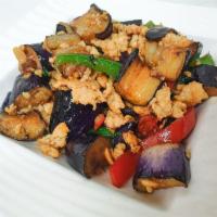 Eggplant · Choice of meat, eggplant, garlic, chili, bell pepper, yellow onion and basil. 