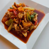 Sweet and Sour · Choice of meat, cucumber, onion, tomato, pineapple and bell pepper in tomato sauce. 