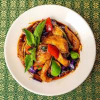 Spicy Catfish · Deep-fried catfish fillet and sauteed in chili paste with eggplant, bell pepper, wild ginger...