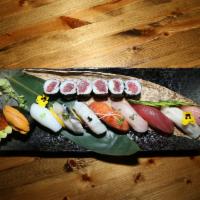 Deluxe Nigiri Tray · 10 pieces of nigiri and tuna roll.