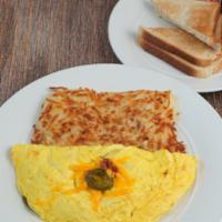 Build Your Omelet · Hash browns, toast, cheese omelet plus choice of three ingredients: ham, sausage, bacon, bel...