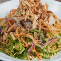 Asian Chicken Salad · Garden fresh greens, Grilled Chicken,Crunchy Noodles, Almonds, sesame seeds, Greens onions, ...
